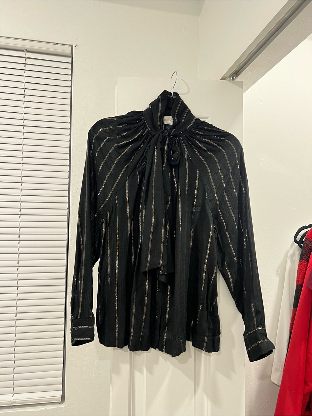 Universal Thread Black Blouse with Metallic Gold Stripes and Tie Neck